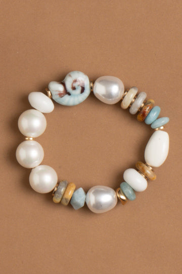 White Pearl Blue Mix Stretchy Bracelet - Nakamol