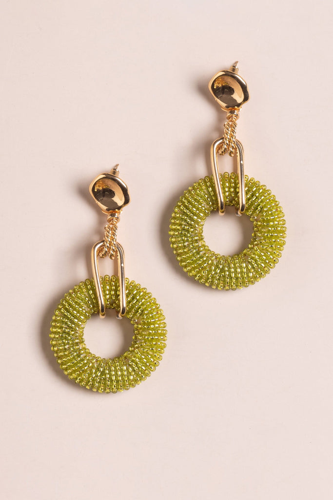 Lime Green Bead Wrapped Hoop Drop Earrings - Nakamol