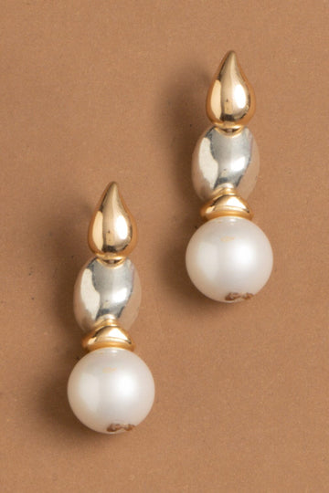 White Pearl Silver Gold Combo Earrings - Nakamol